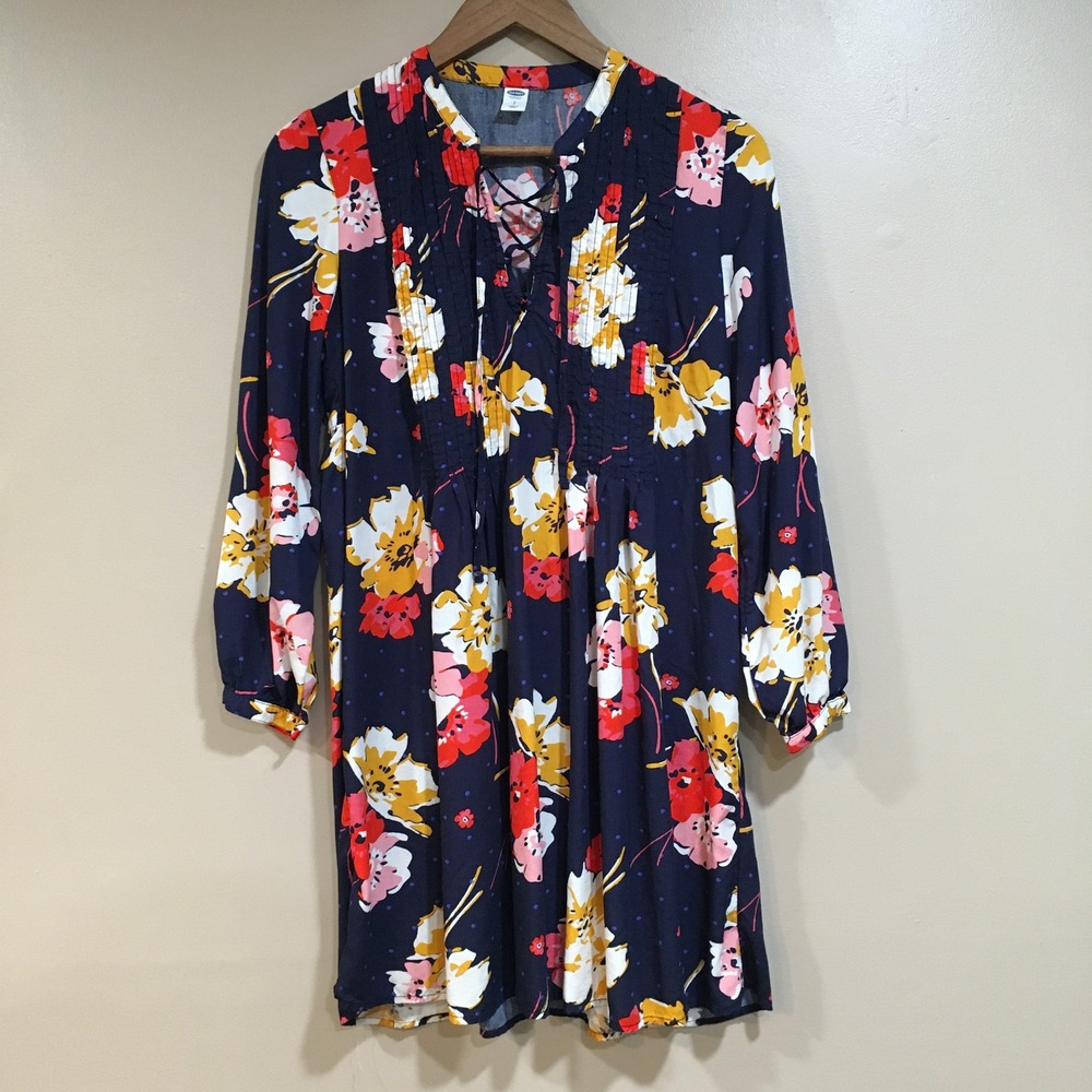 Old Navy Dark Floral Lace Up Pintuck Dress Womens S Navy Boho Cottage Peasant - Picture 1 of 10